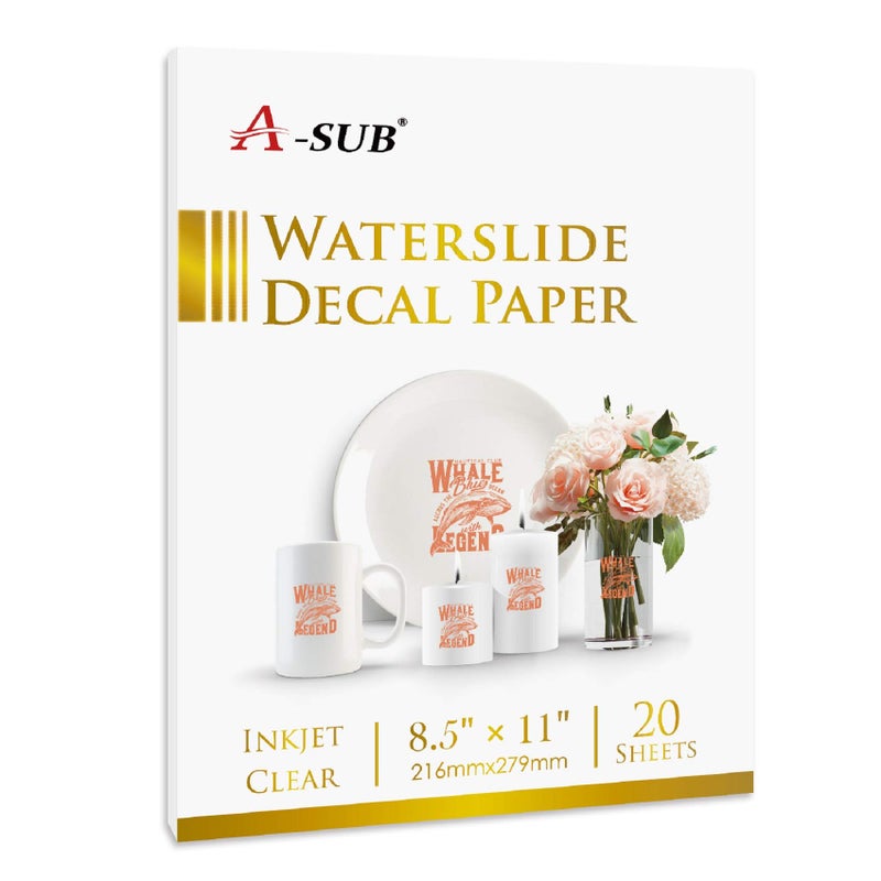 A-SUB Waterslide Decal Paper for Inkjet Printers 20 Sheets Clear Water Slide Transfer Paper 8.5x11 in for DIY Tumbler, Mug, Glass Decals - Image 1